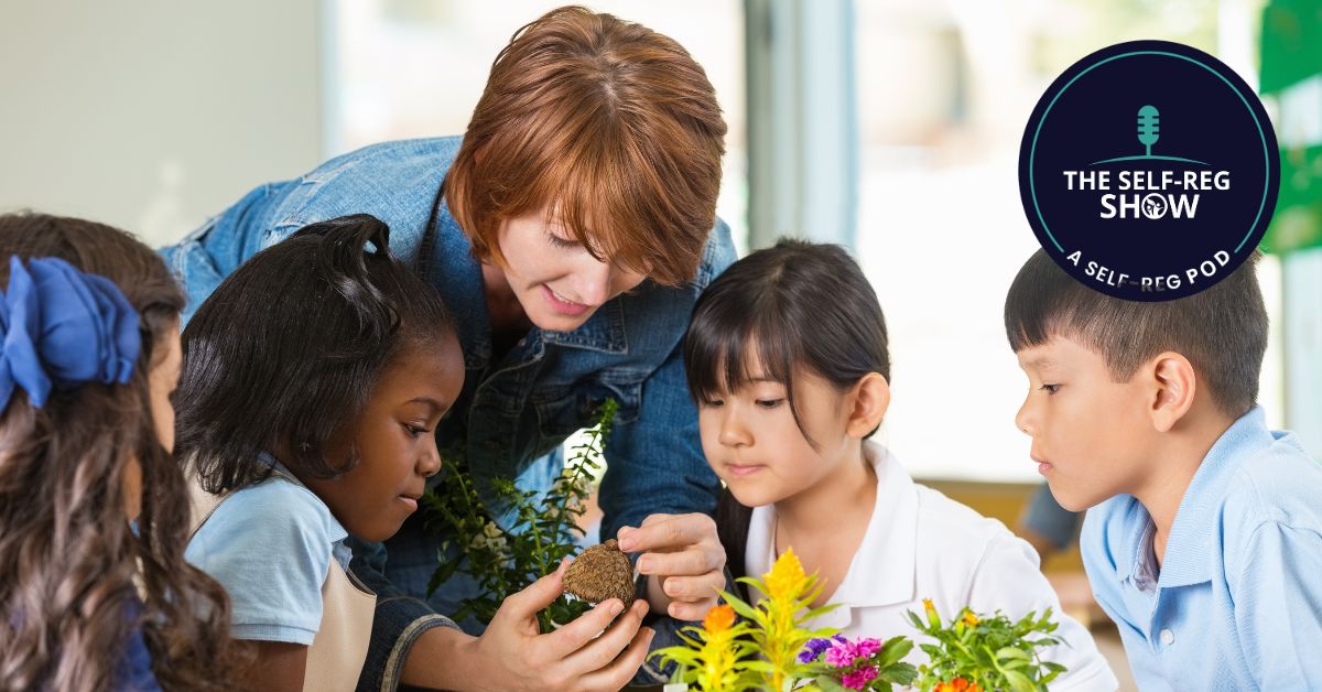 Podcast Blog: Image of teacher leaning down and doing some gardening with school aged children.