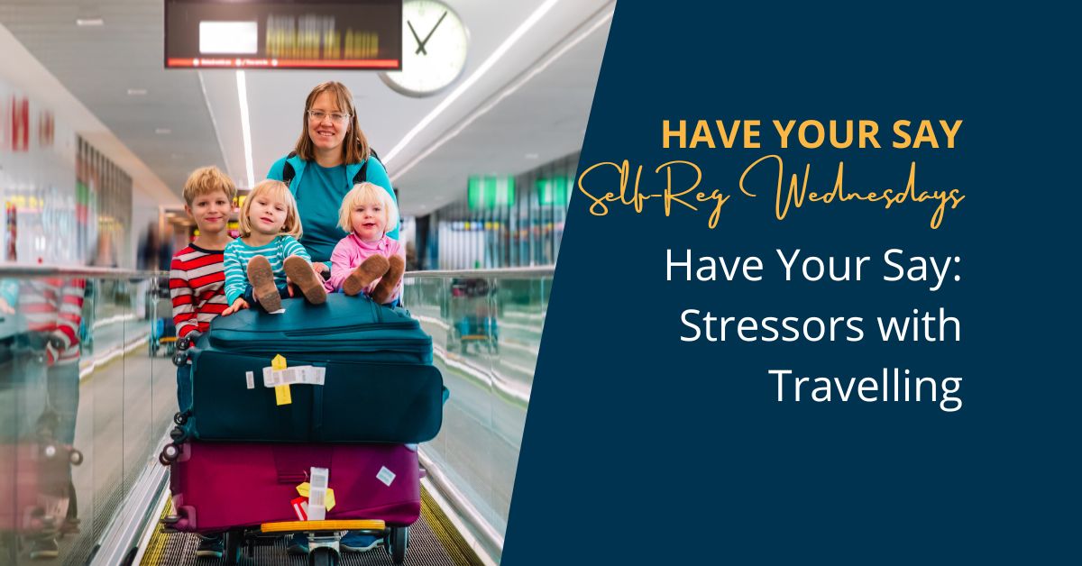 Image is of a mom with three kids in an airport with lots of suitcases.