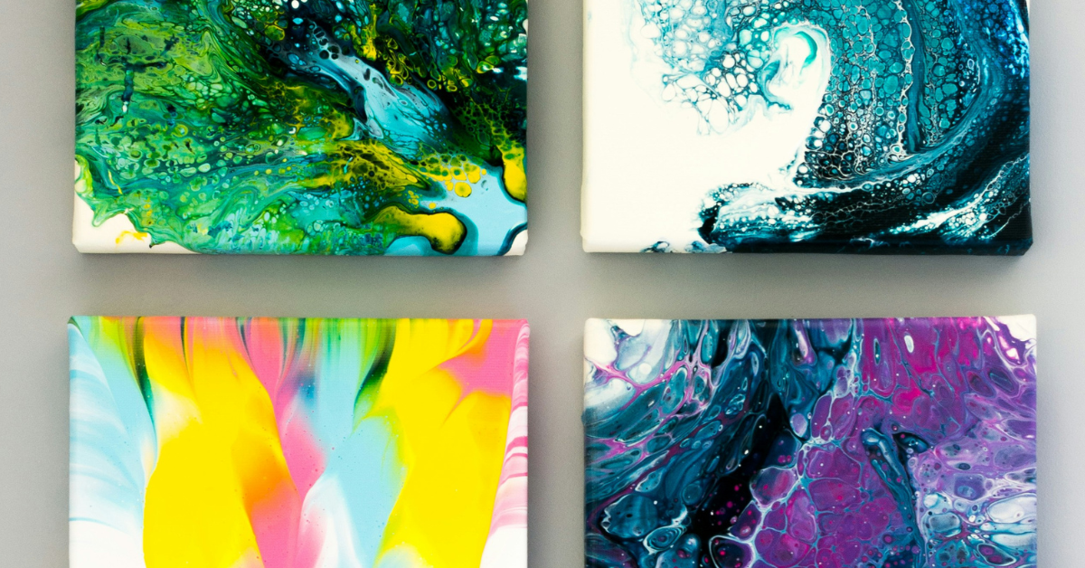 Photograph of 4 canvas paintings in a quadrant, each with colourful abstract art
