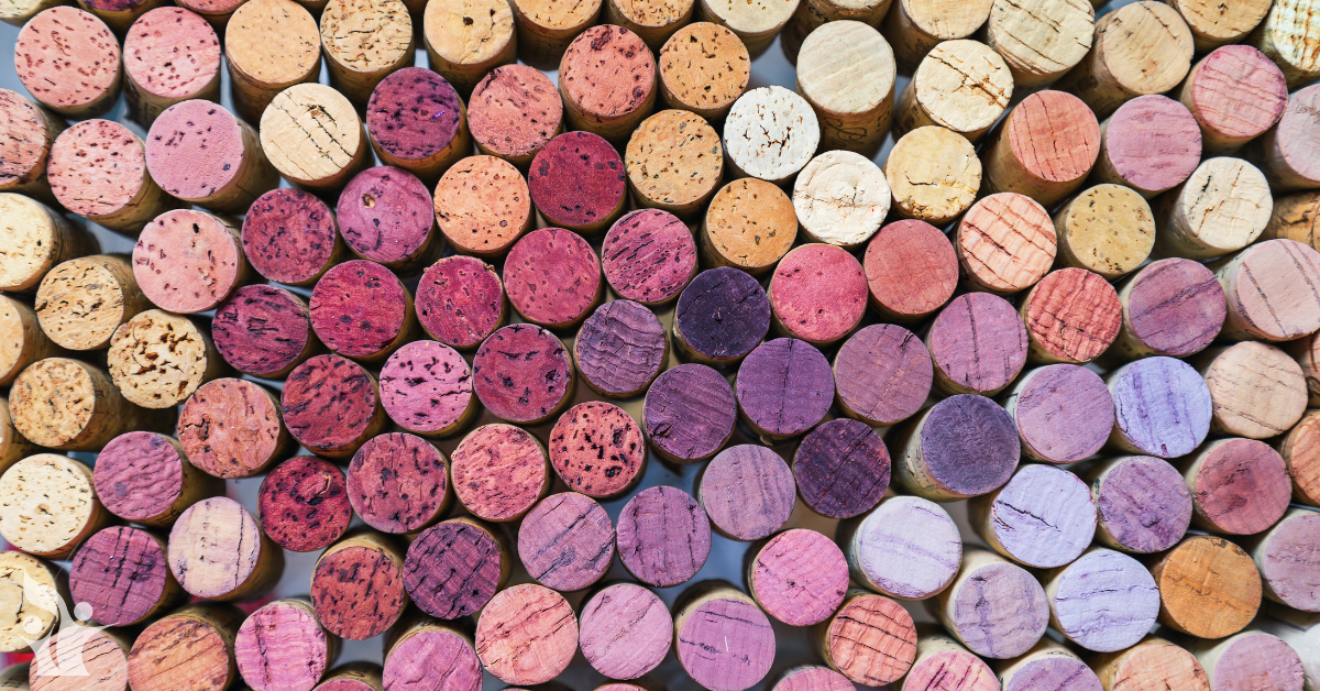 Photograph of dozens of wine corks stood up with different wine stains on them