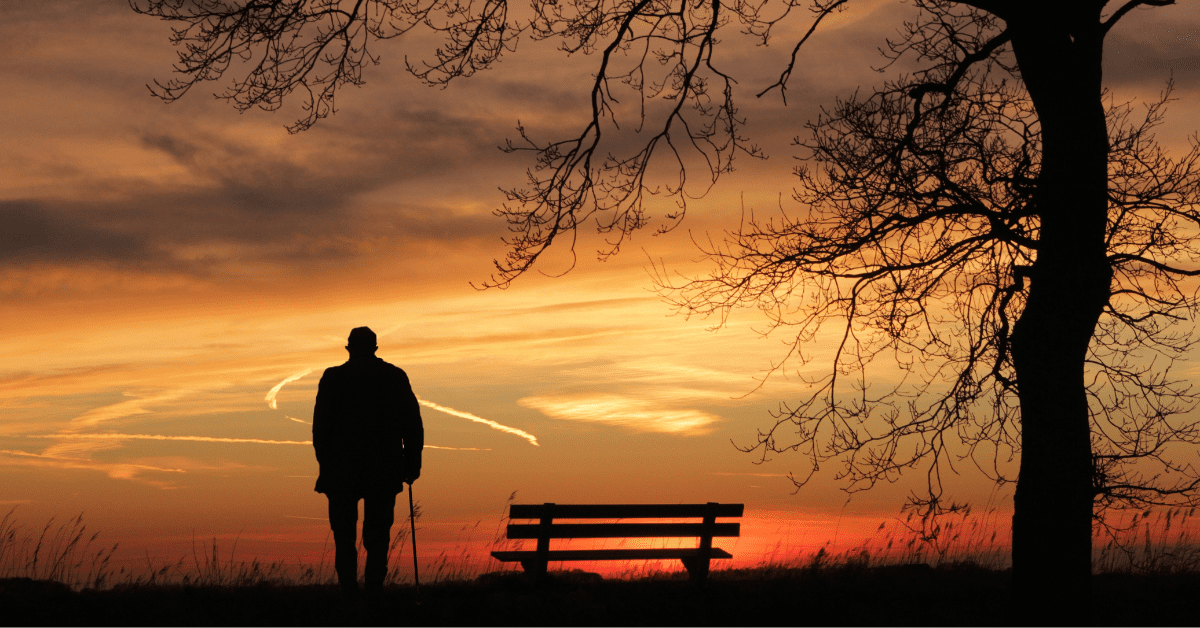 A silhouette photograph of a man with a cane and a bench under a tree overlooking an orange and yellow sunset