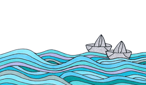 line drawing of two paper boats floating on a gradient of blue waves