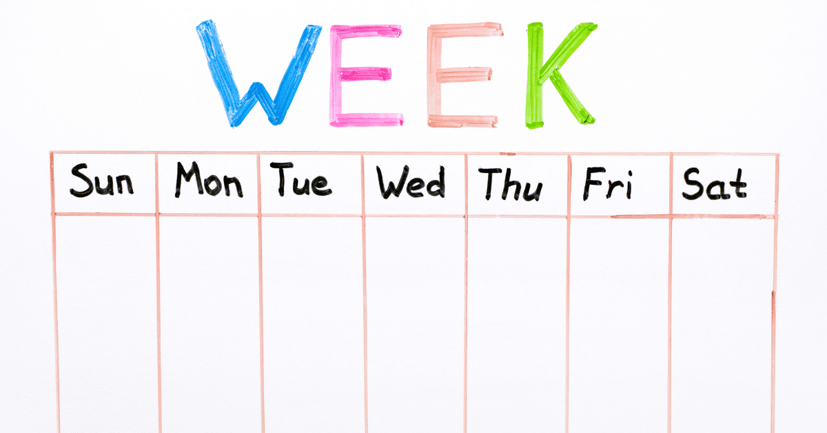 Image showing a weekly planner with the word Week in brightly coloured crayon letters above a column for each day of the week