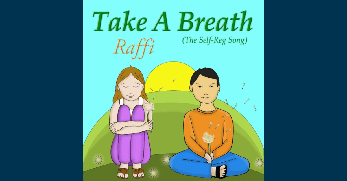 Take a Breath (the Self-Reg song) by Raffi, image of 2 children sitting on a hill with the sun rising behind them