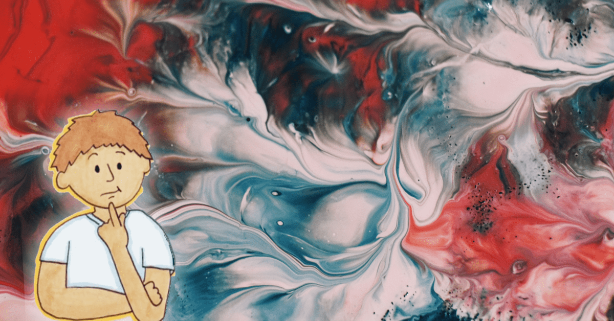 Person with their hand to their chin in front of swirling colours