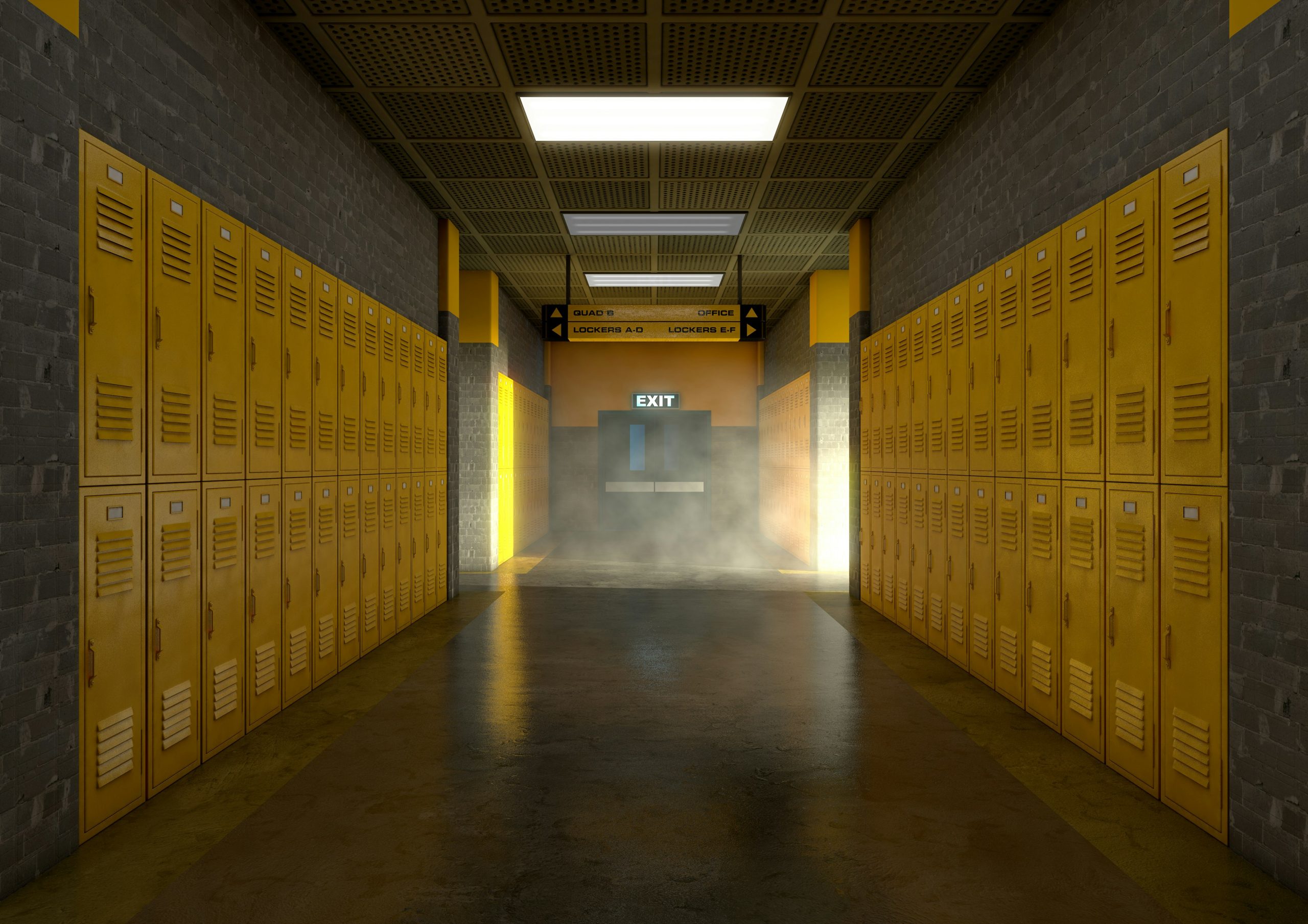 A quiet school hallway with rows of yellow lockers, reflecting on belonging, emotional safety, and Self-Reg in school communities.
